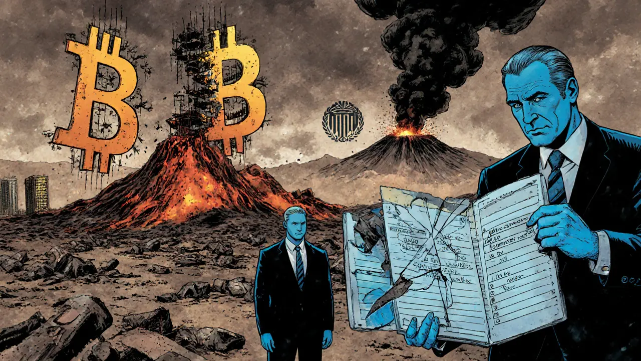 Abandoned Bitcoin City construction site under a stormy sky, with a volcano and falling Bitcoin prices in the background.