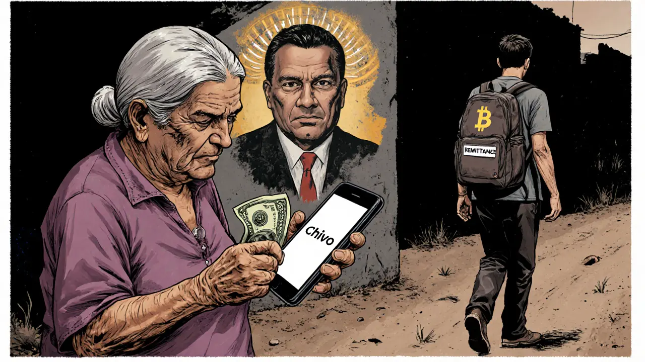 An elderly woman holds a dollar bill while ignoring a forgotten Chivo wallet app, as a young man walks away with a remittance backpack.