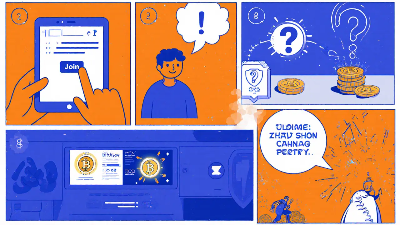 A comic sequence showing a user joining a chat, receiving USDT, swapping for PERRY, and spotting a scam warning.