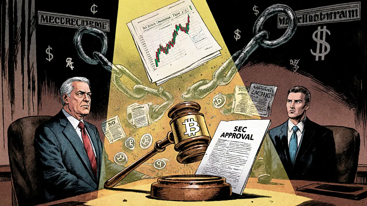 A gavel shaped like a Dogecoin lands on an SEC approval document in a legal courtroom scene.