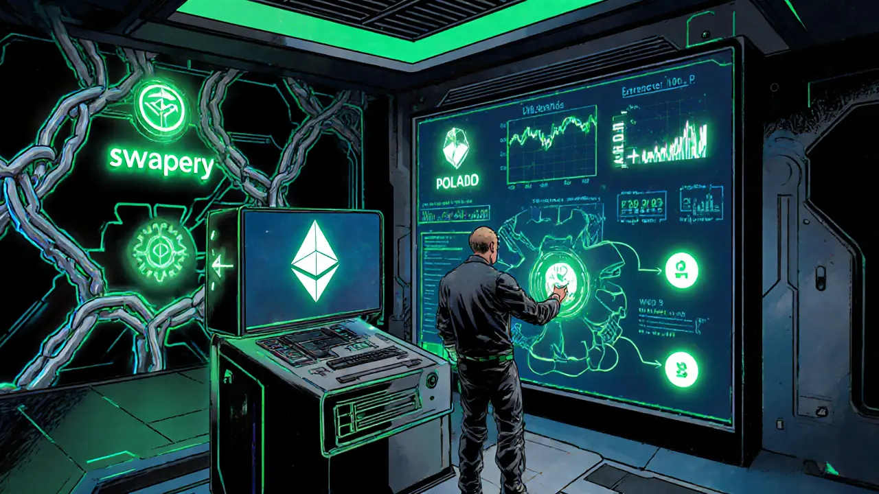A hero trader in a futuristic control room using PERRY token features on Swaperry.