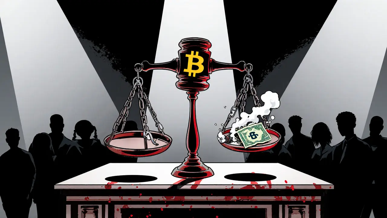 A symbolic courtroom with a Bitcoin gavel crushing justice, representing the country&#039;s crypto ban.