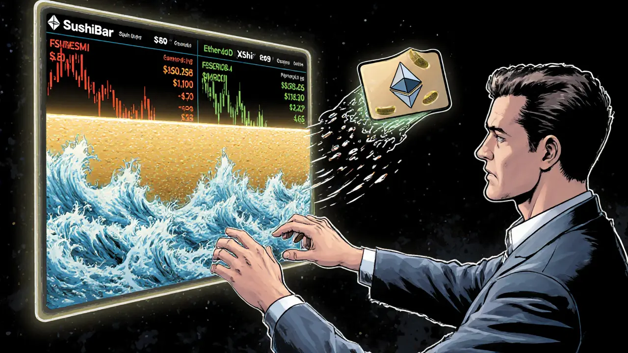A trader sets a narrow price range on a holographic chart, with active liquidity in gold and frozen assets dimming, while Ethereum and Polygon fees contrast visually.