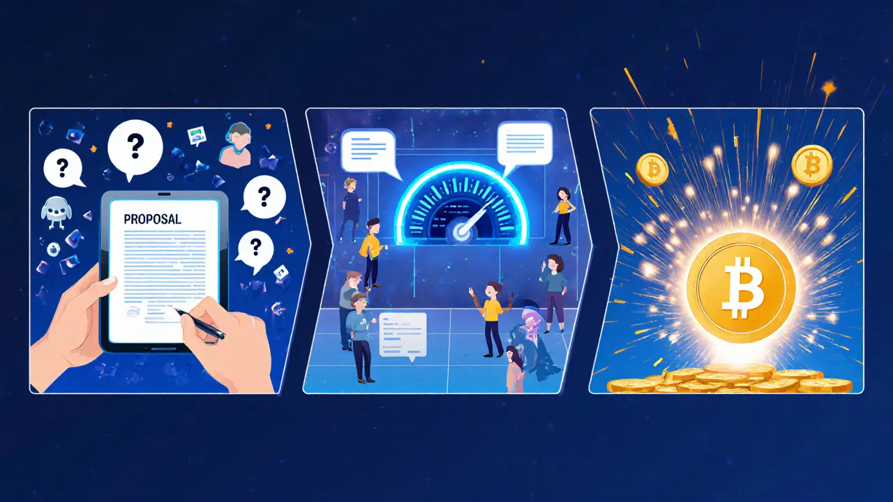 Comic panels showing a DAO proposal being drafted, discussed, voted on, and executed by code.