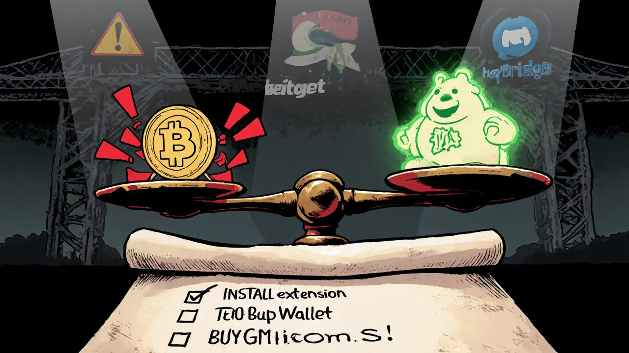 Comic showdown with GM token vs. Dogecoin on a scale, deBridge bridge, HeyWallet, and a checklist.
