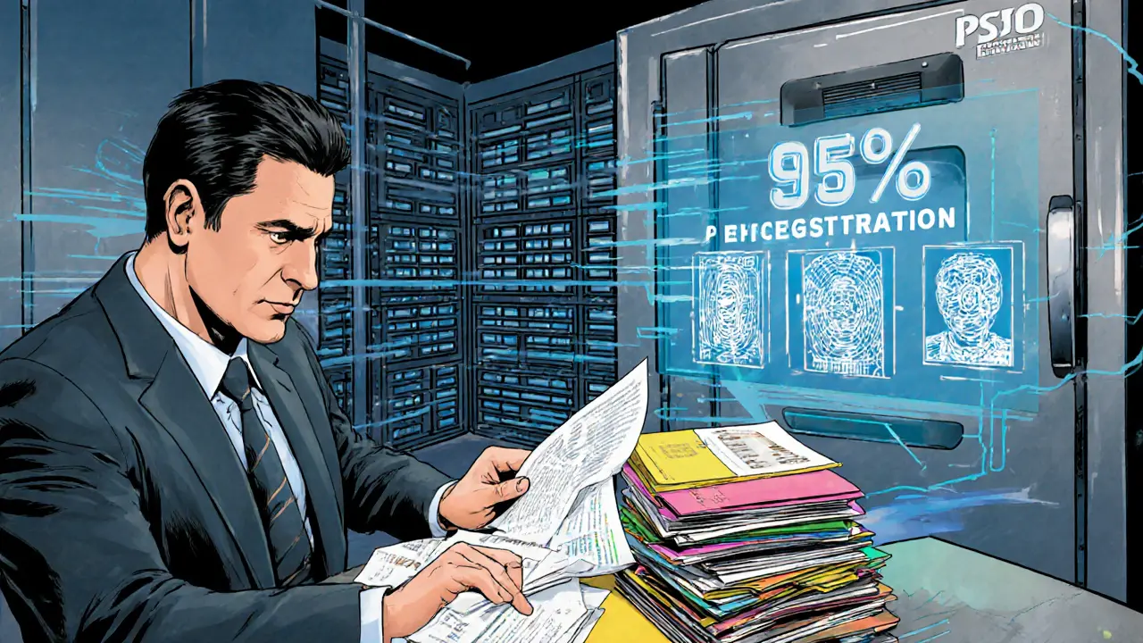 Compliance officer reviewing paperwork beside a cold‑storage vault.