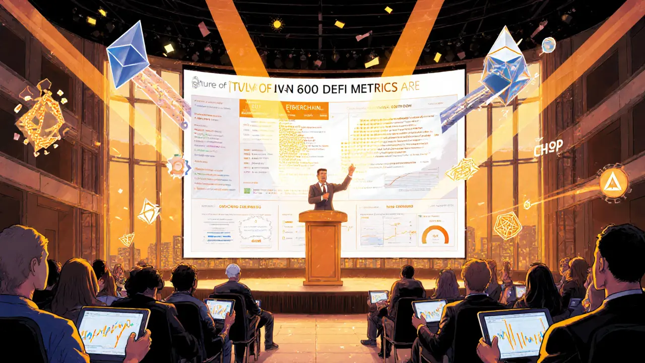 Conference hall scene with speaker presenting a universal vTVL dashboard linking major blockchains.