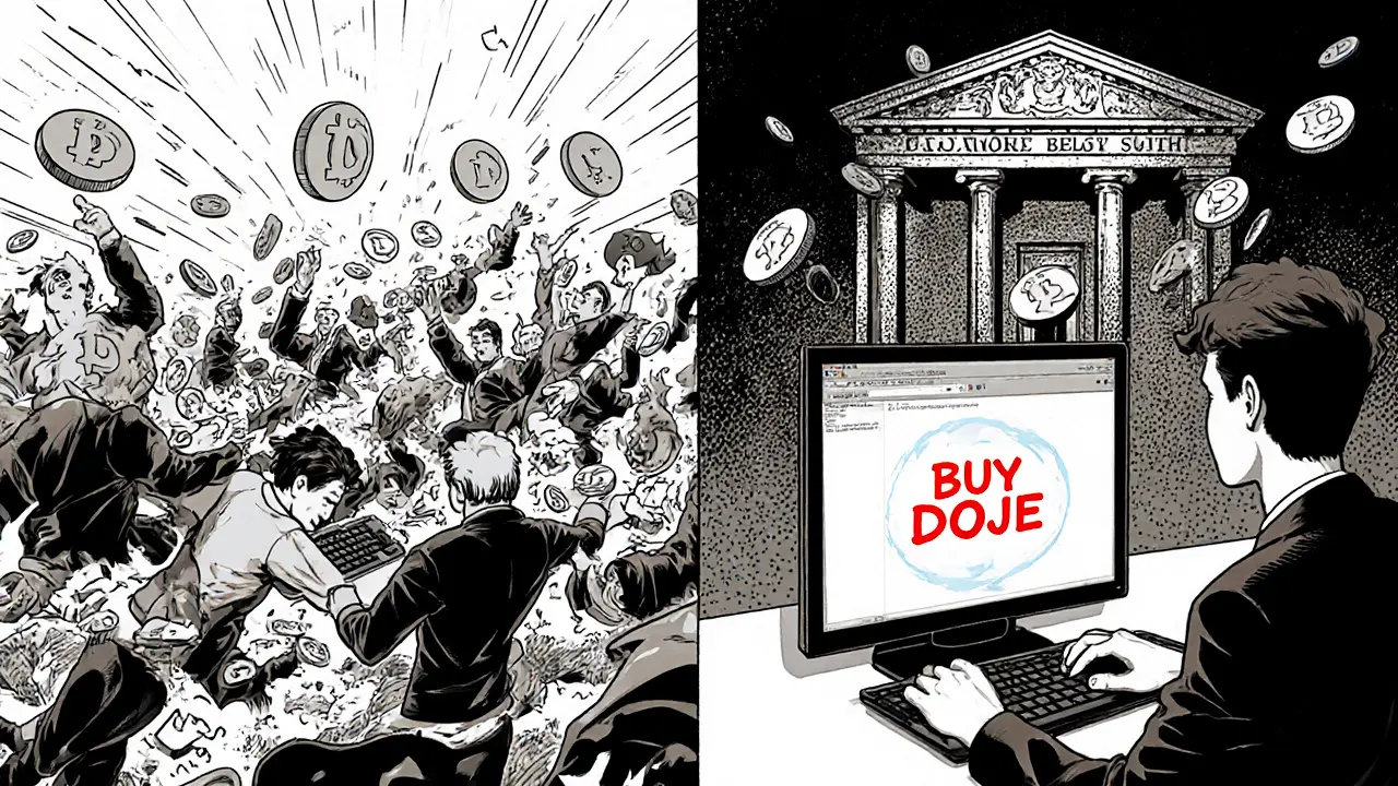 Contrasting scenes: chaotic crypto exchange vs. calm brokerage desk buying DOJE with secure custody.