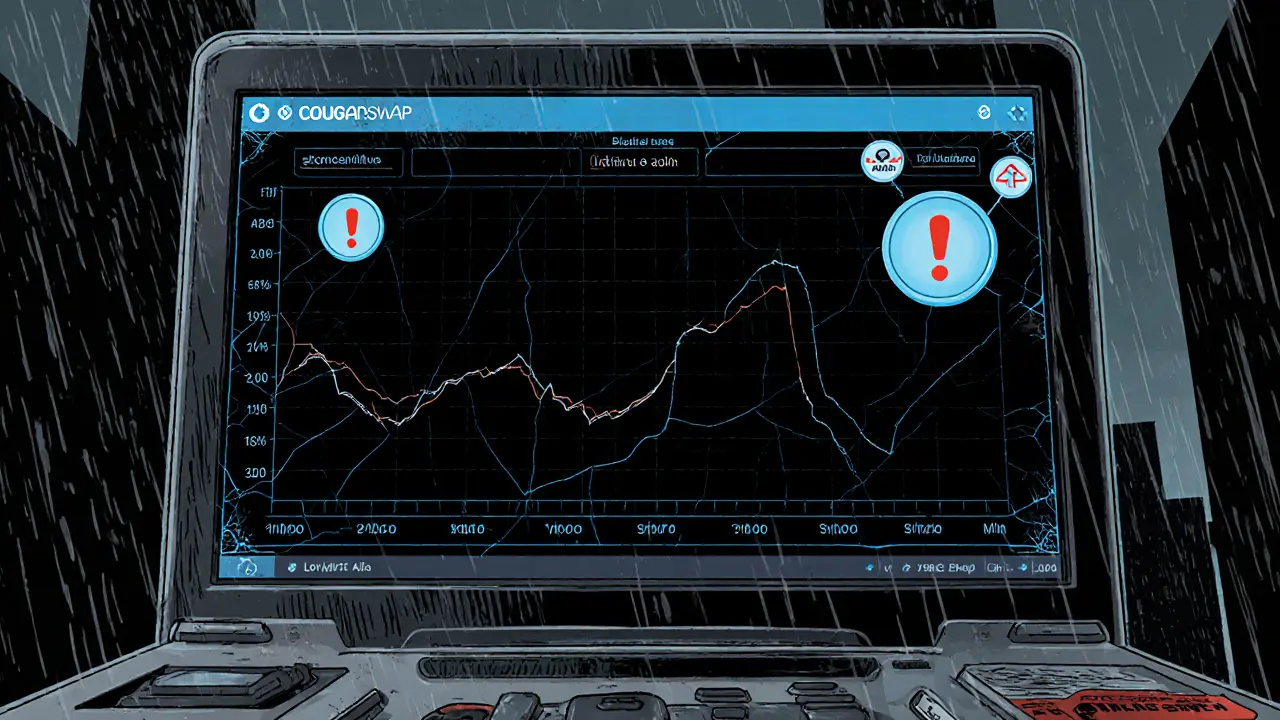 CougarSwap interface with tiny price graph and red warning icons.