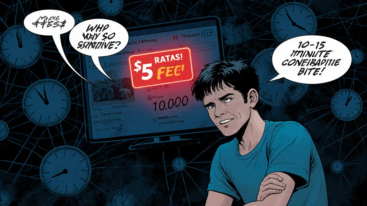 Crypto user staring at a fee sign on a Bitcoin transaction screen with slow clock.