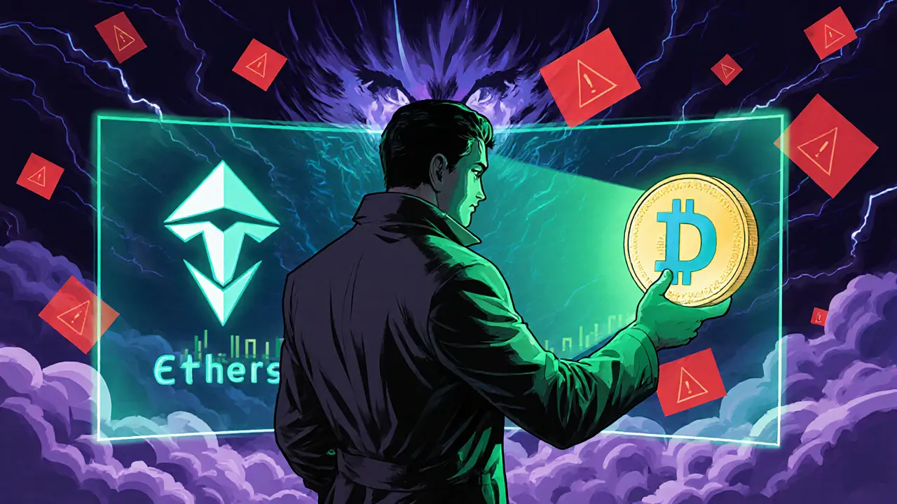 Detective examines holographic contract address with Tesla and Dogecoin icons, SEC warning signs.