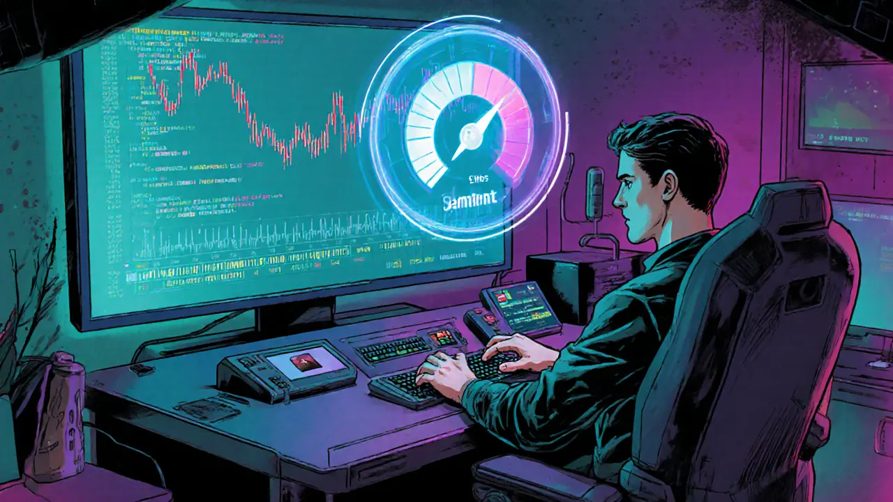 Developer in a neon lab building a sentiment pipeline with AI hologram and chart.