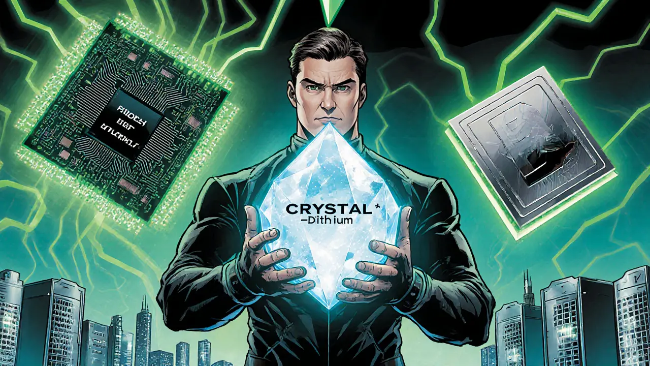 Engineer holds CRYSTALS‑Dilithium crystal beside quantum work processor, showcasing PQC defenses.