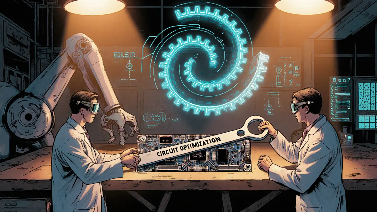 Engineers in a comic workshop tweaking circuits, GPU robot, and recursive gear mechanisms.