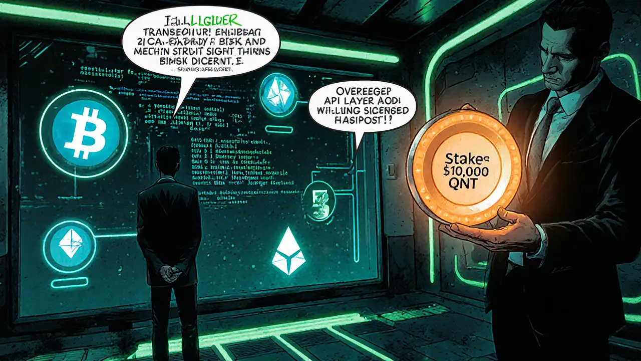 Executive holding a glowing QNT token in a holographic control room with multiple blockchain icons and API screens.