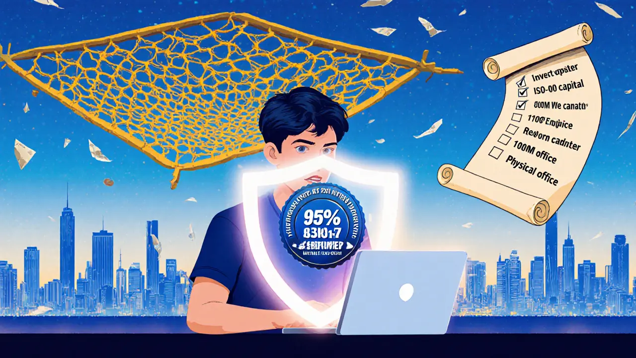 Filipino trader protected by shield, cold storage badge, golden safety net for investor compensation.