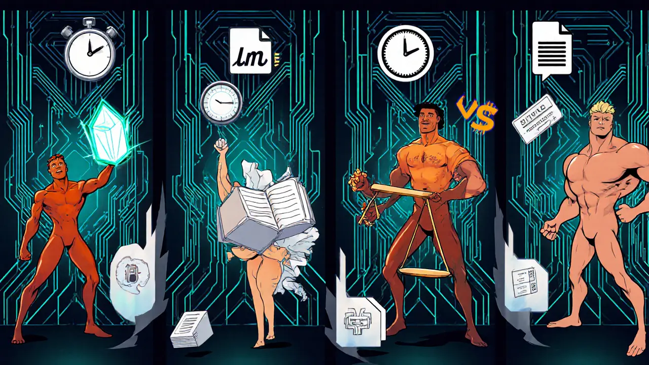 Four proof-system characters displaying clocks and file icons in a showdown panel.