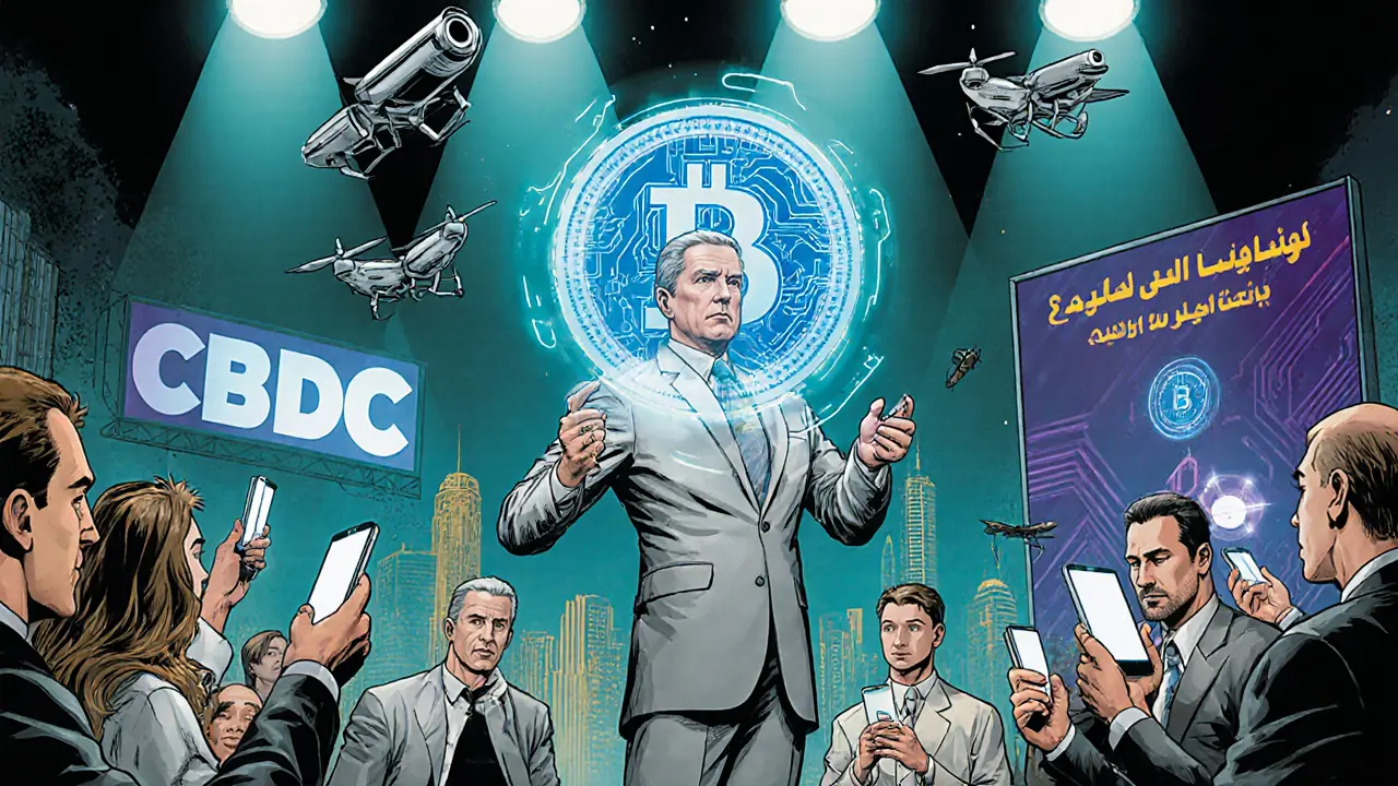 Futuristic scene of Iraq&#039;s CBDC launch with a holographic coin, citizens using phones, and surveillance drones.