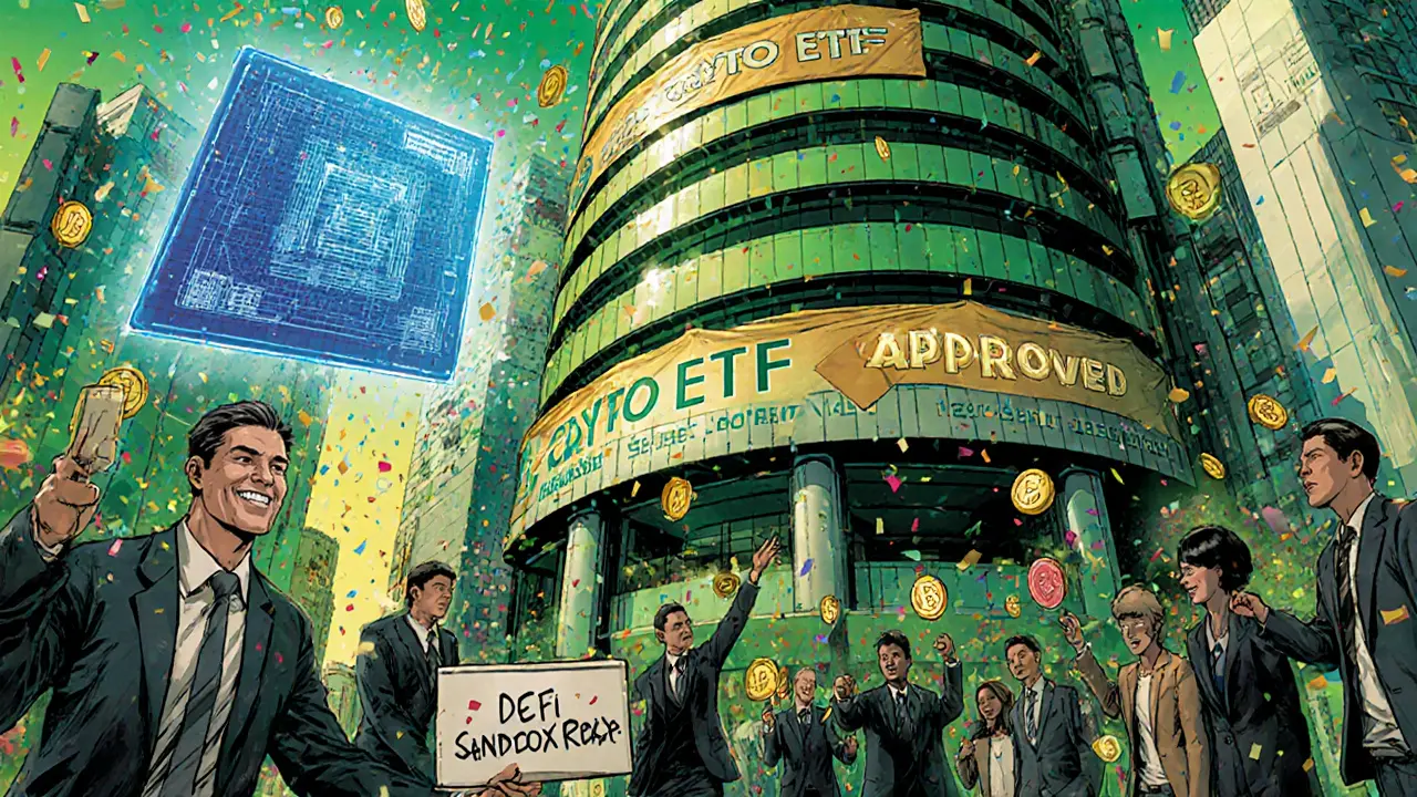Futuristic Tokyo celebrating crypto ETF launch and tax reform.