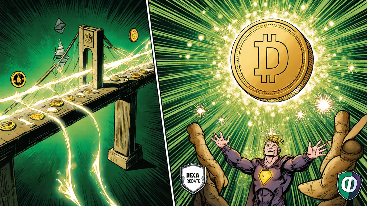 Glowing bridge moving tokens across chains and DEXA token holders receiving rebate sparks.