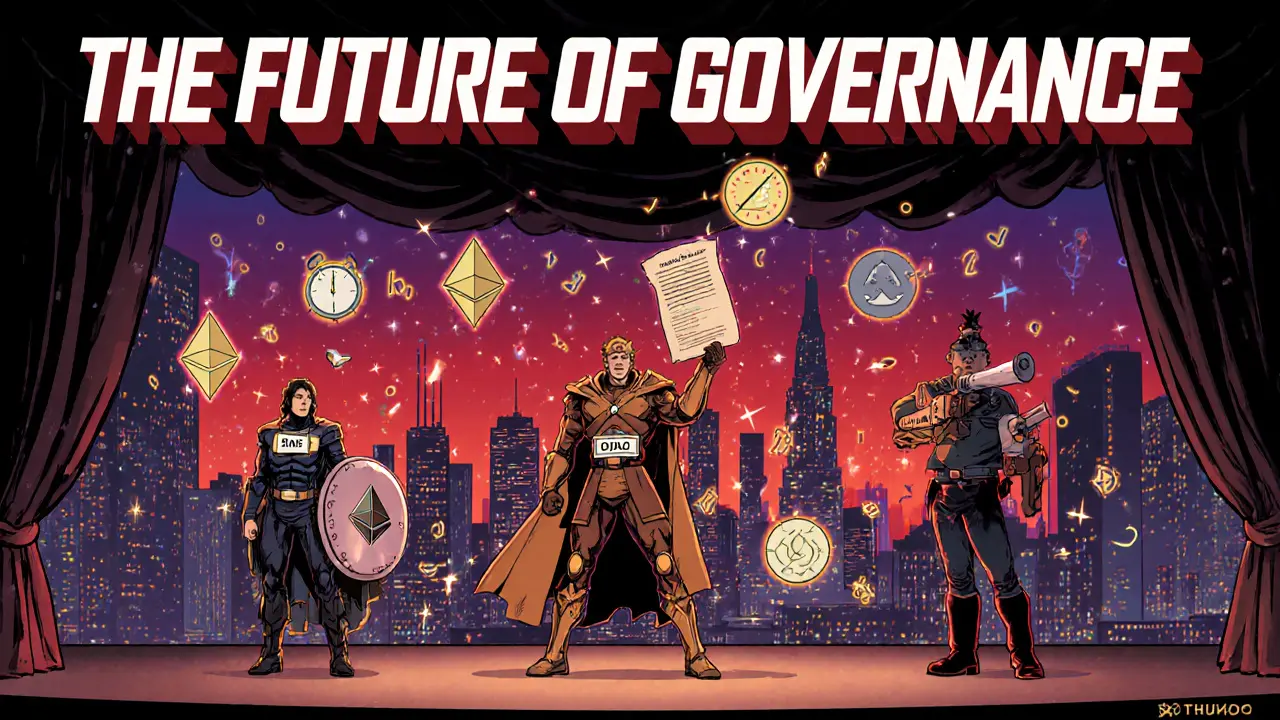 Heroic comic scene featuring ENS, ConstitutionDAO, and Juicebox with voting symbols and blockchain layers.