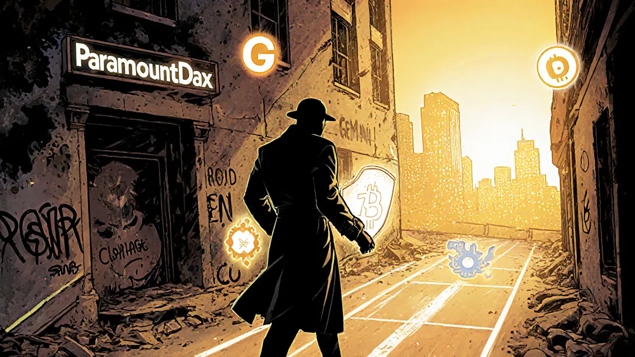 Heroic figure leaves a dark building marked ParamountDax and walks toward bright safe exchanges and a hardware wallet.