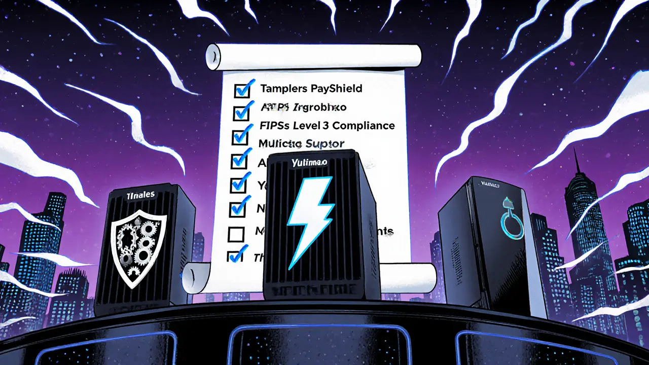 Heroic lineup of Thales, Utimaco, and Yubico HSMs with a glowing checklist background.