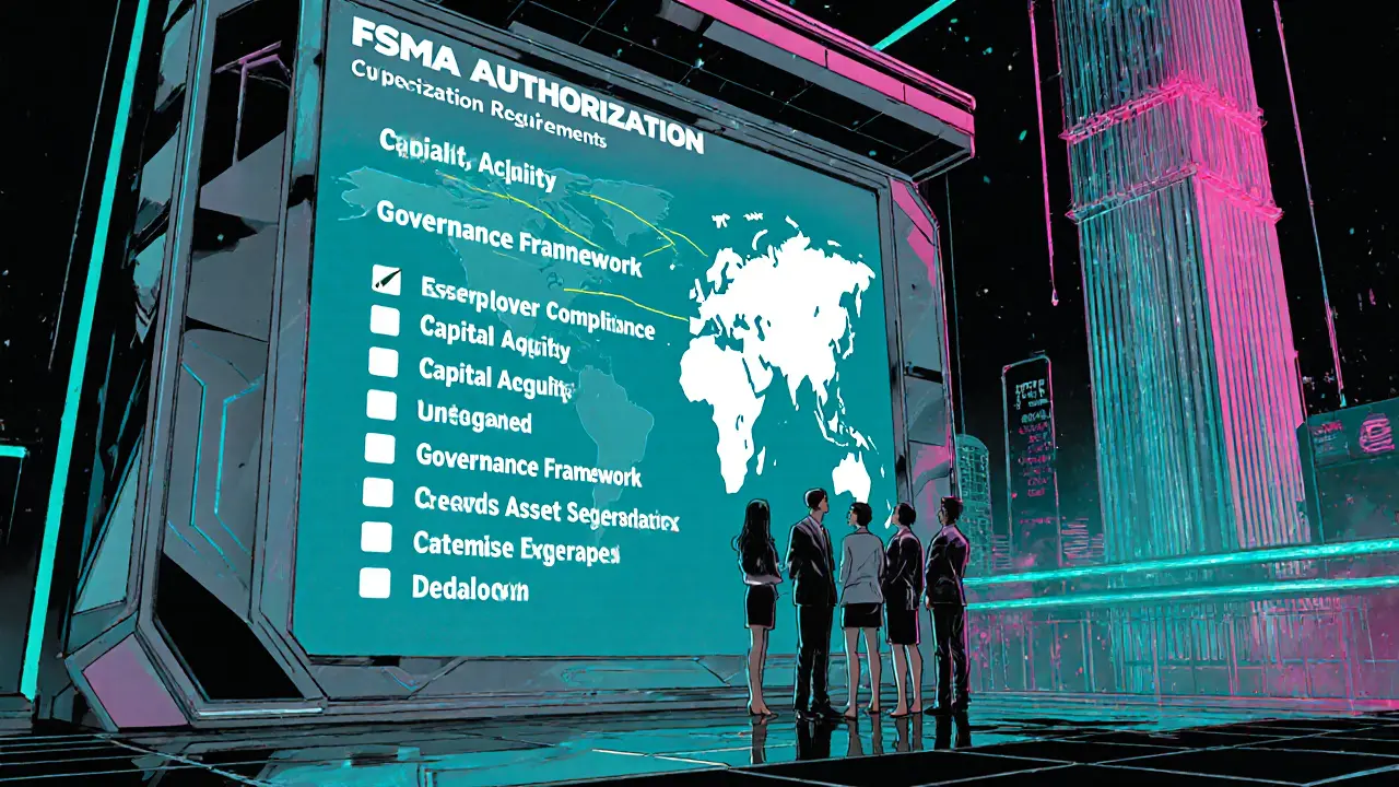 High‑tech trading platform team reviewing FSMA authorisation checklist with global map connections.