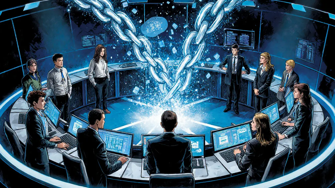 Multilateral Sanctions Monitoring Team analysts tracking blockchain trails in a high-tech command hub.