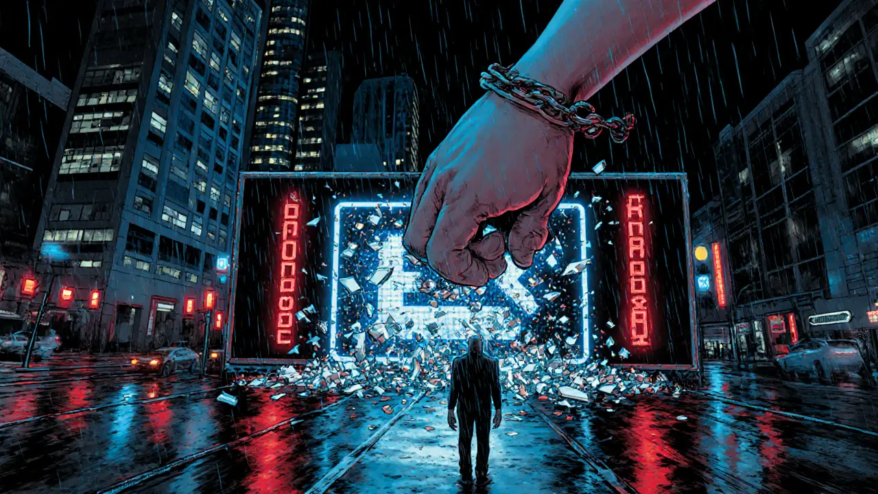 Nighttime city with a shattered decentralized exchange portal and a detained crypto founder.