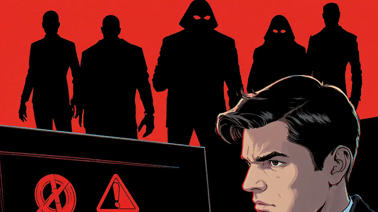 Participant hesitating at computer with scam warning symbols