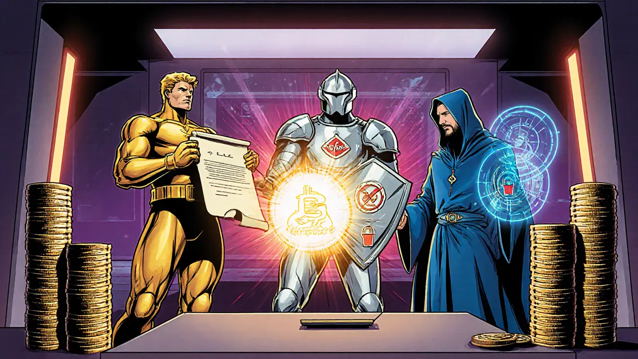 Regulators in superhero attire present a glowing crypto licence to an exchange building.