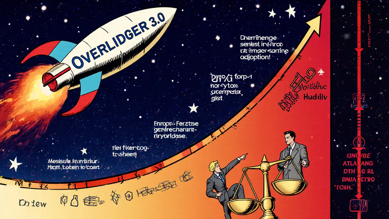Rocket labeled Overledger 3.0 launching amid a chart of rising enterprise adoption and a balance of pros and cons.