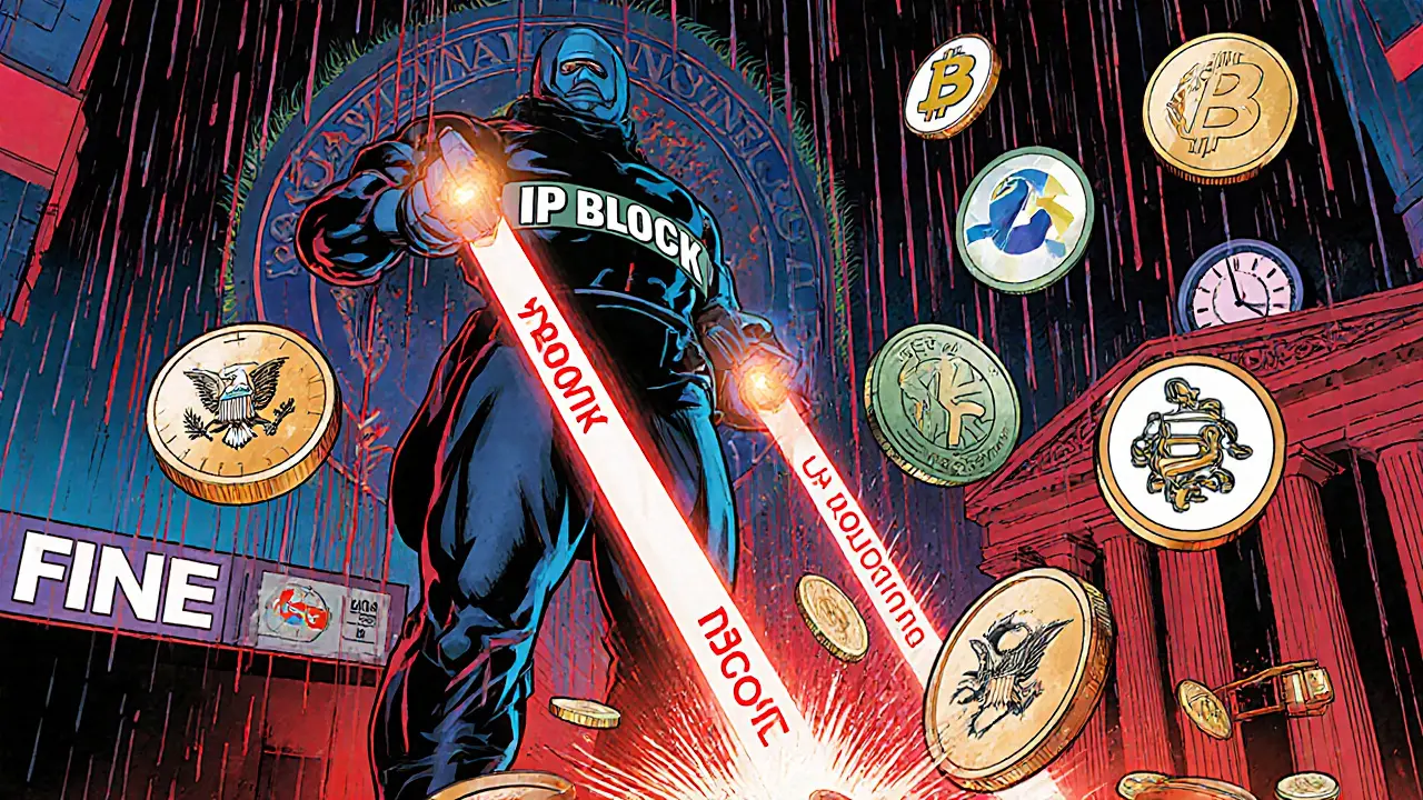 SEC enforcement scene with laser beams blocking exchange logos, fines raining, countdown clock.