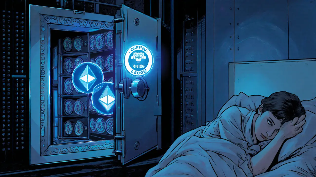 Secure digital vault with cold storage coins and CERT-In certification badge glowing.