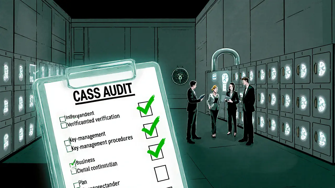 Secure vault showing segregated crypto wallets being audited with a checklist ticking off items.