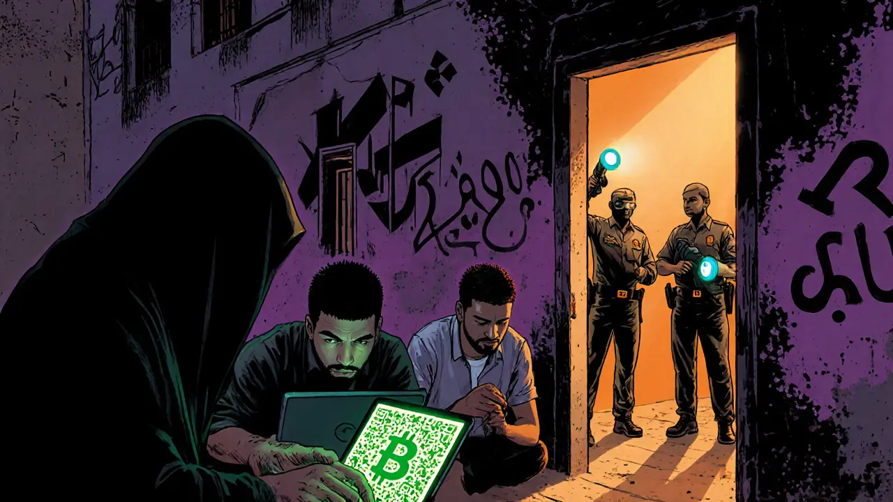 Shadowy Baghdad alley where people trade Bitcoin on laptops as police raid nearby.