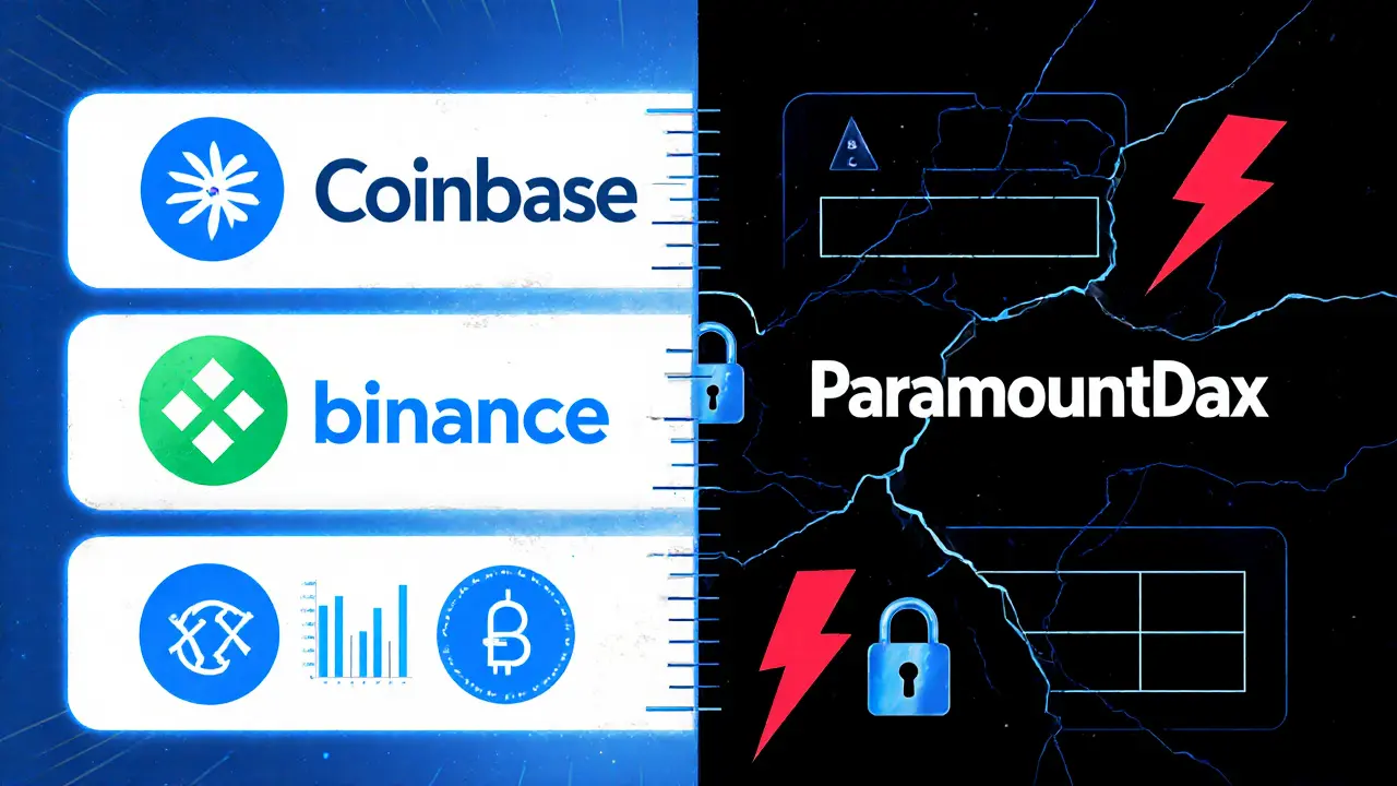 Split comic panel compares reputable exchanges with clear data against an empty, shadowy ParamountDax entry.