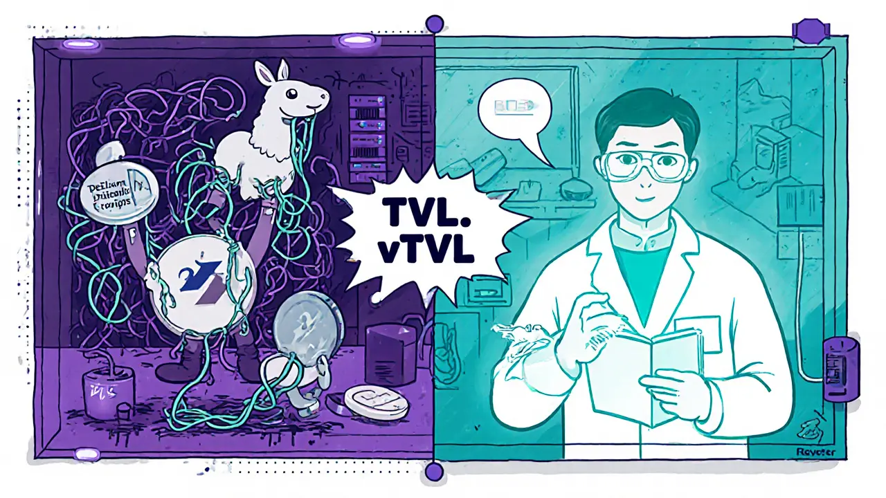 Split‑screen lab shows chaotic community scripts versus clean on‑chain vTVL data with researcher and mascots.