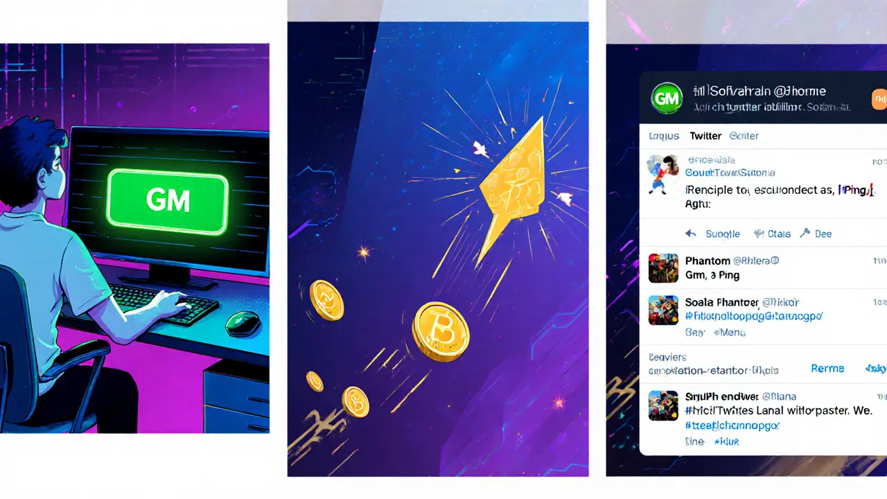 Three comic panels showing a user clicking the GM button, coins transferring, and a GM tweet appearing.