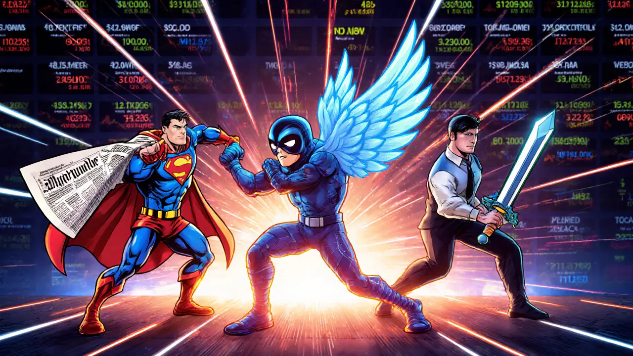 Three mascot characters representing sentiment vendors duel over a ticker board.