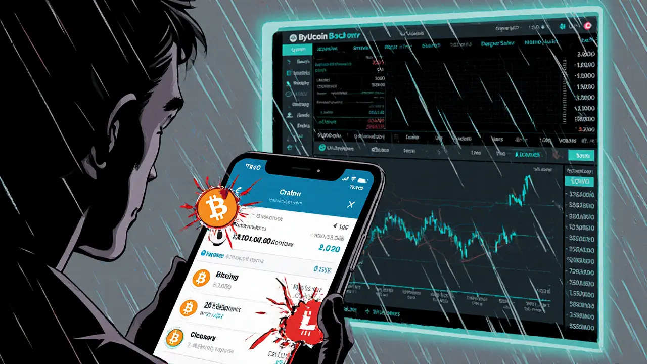 Trader frustrated by app crash during market spike, while BuyUcoin Pro remains stable in background.