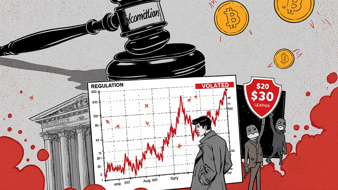 Trader looking at a volatile chart with fee and regulatory warning icons.