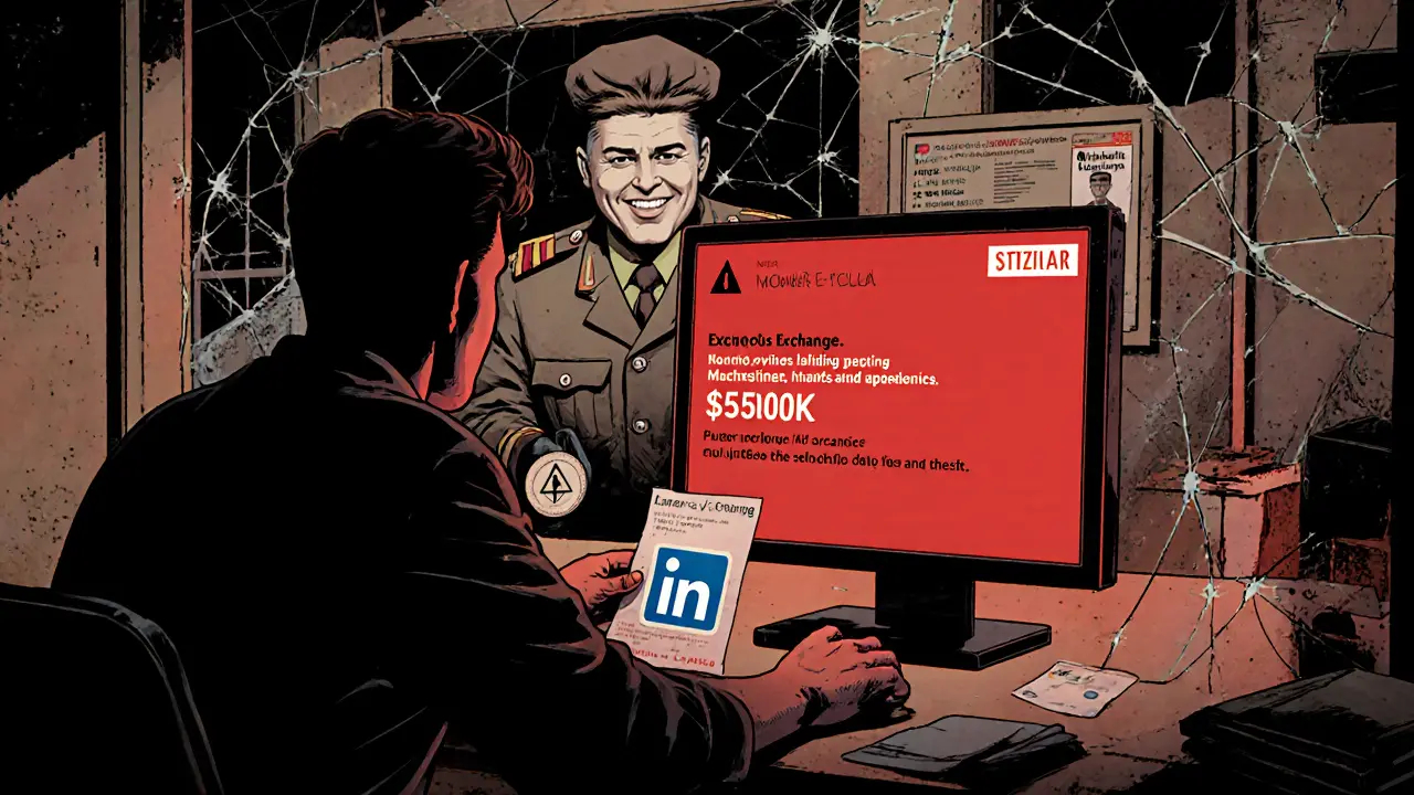 Trader sees a Lazarus-linked crypto theft alert while a ghostly North Korean operative watches from behind.