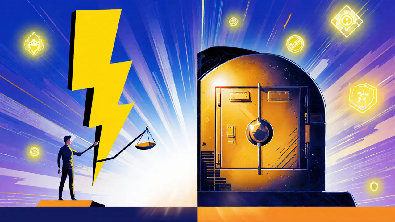 Trader weighing low‑fee lightning bolt against deep‑liquidity vault with future roadmap symbols.