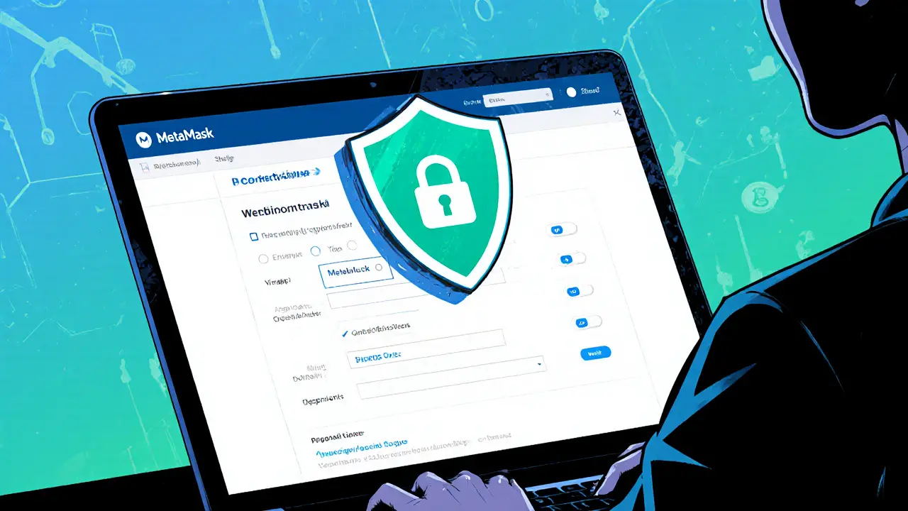 User securely setting up MetaMask wallet with shield icon protection
