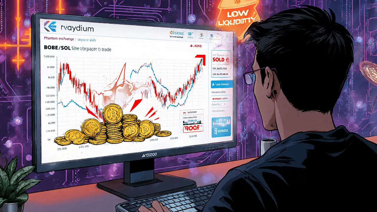 User swapping SOL for BOBE on Raydium, red slippage alerts and volatile price spikes shown.