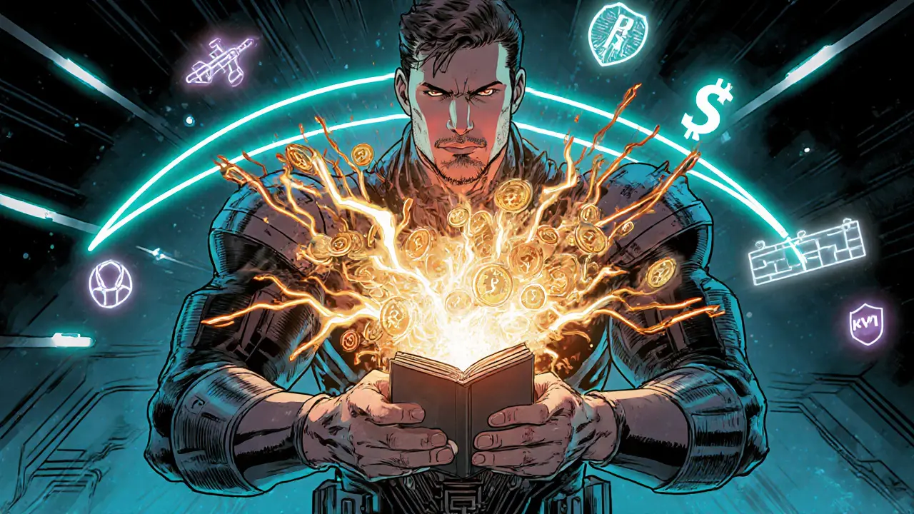 Wallet superhero receives FEAR tokens; price chart and modern airdrop symbols appear in background.