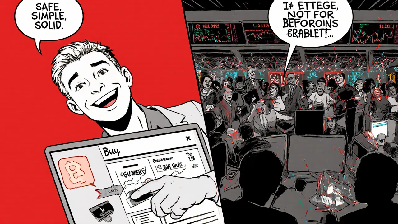 A beginner trader surrounded by chaotic high-leverage trading chaos, choosing simplicity and security.