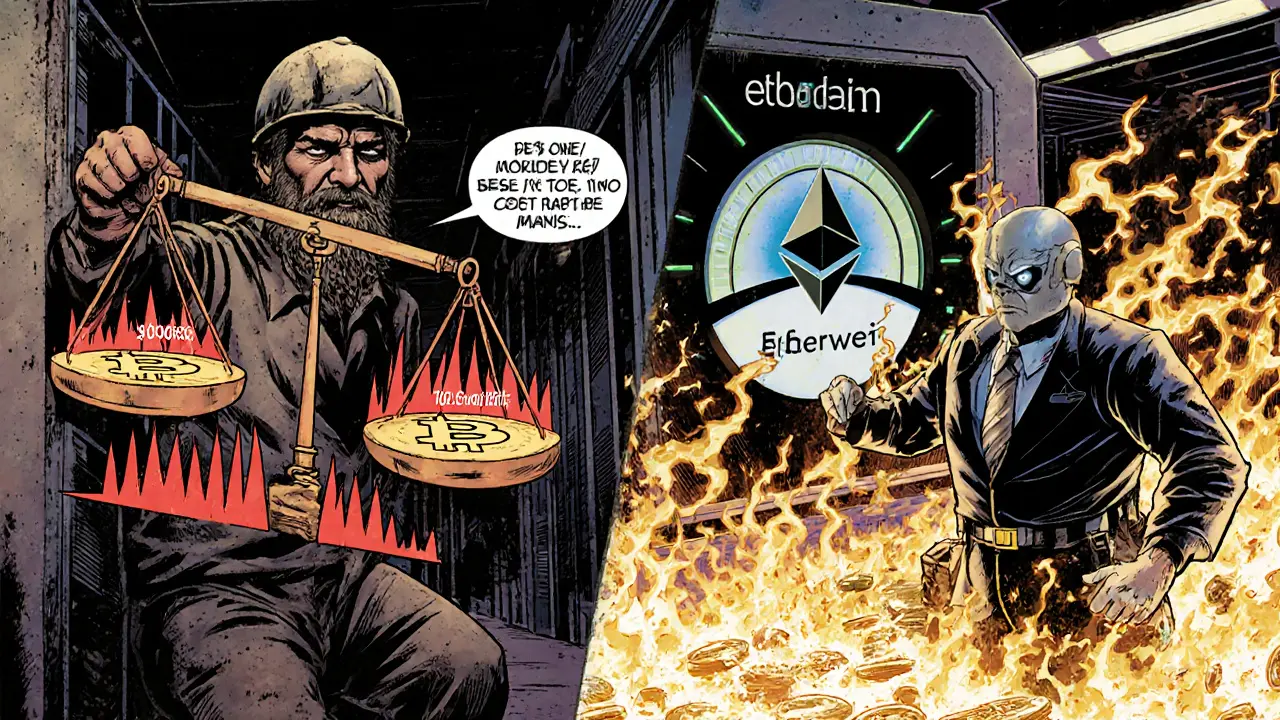 A Bitcoin miner balances satoshis per byte against an Ethereum validator adjusting a priority fee dial in a high-tech control room.